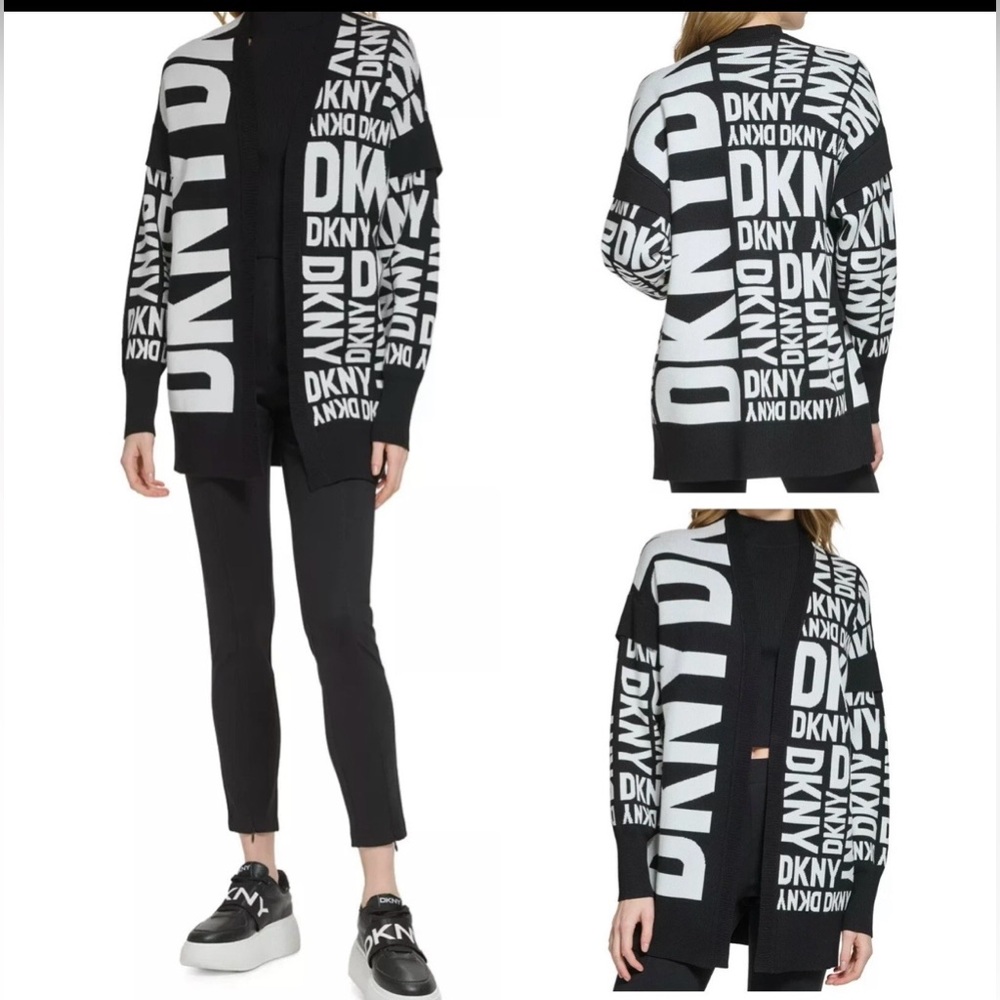DKNY Monochrome Oversized Logo Cardigan Size Large